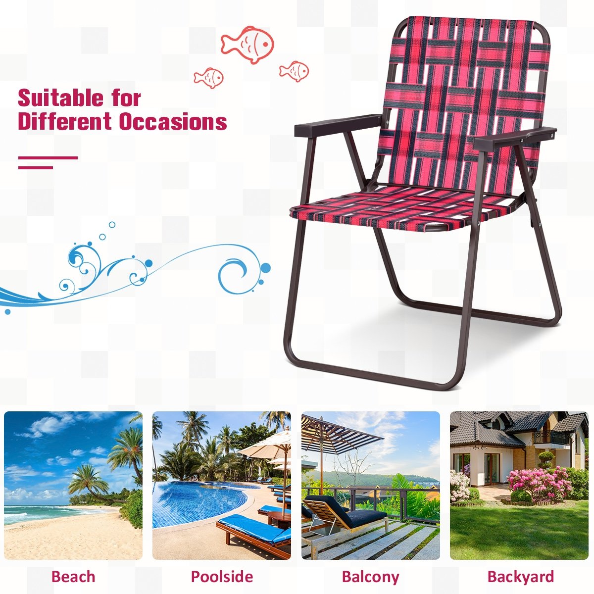 6 Pieces Folding Beach Chair Camping Lawn Webbing Chair, Red Beach & Lawn Chairs   at Gallery Canada