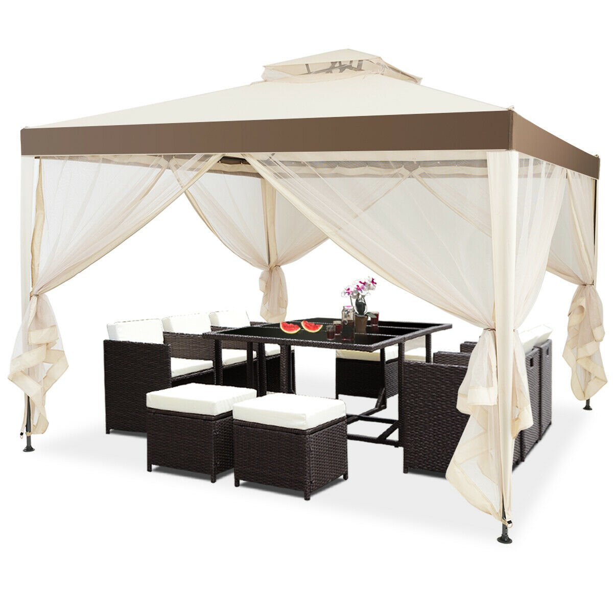 Canopy Gazebo Tent Shelter Garden Lawn Patio with Mosquito Netting, Beige Gazebos   at Gallery Canada