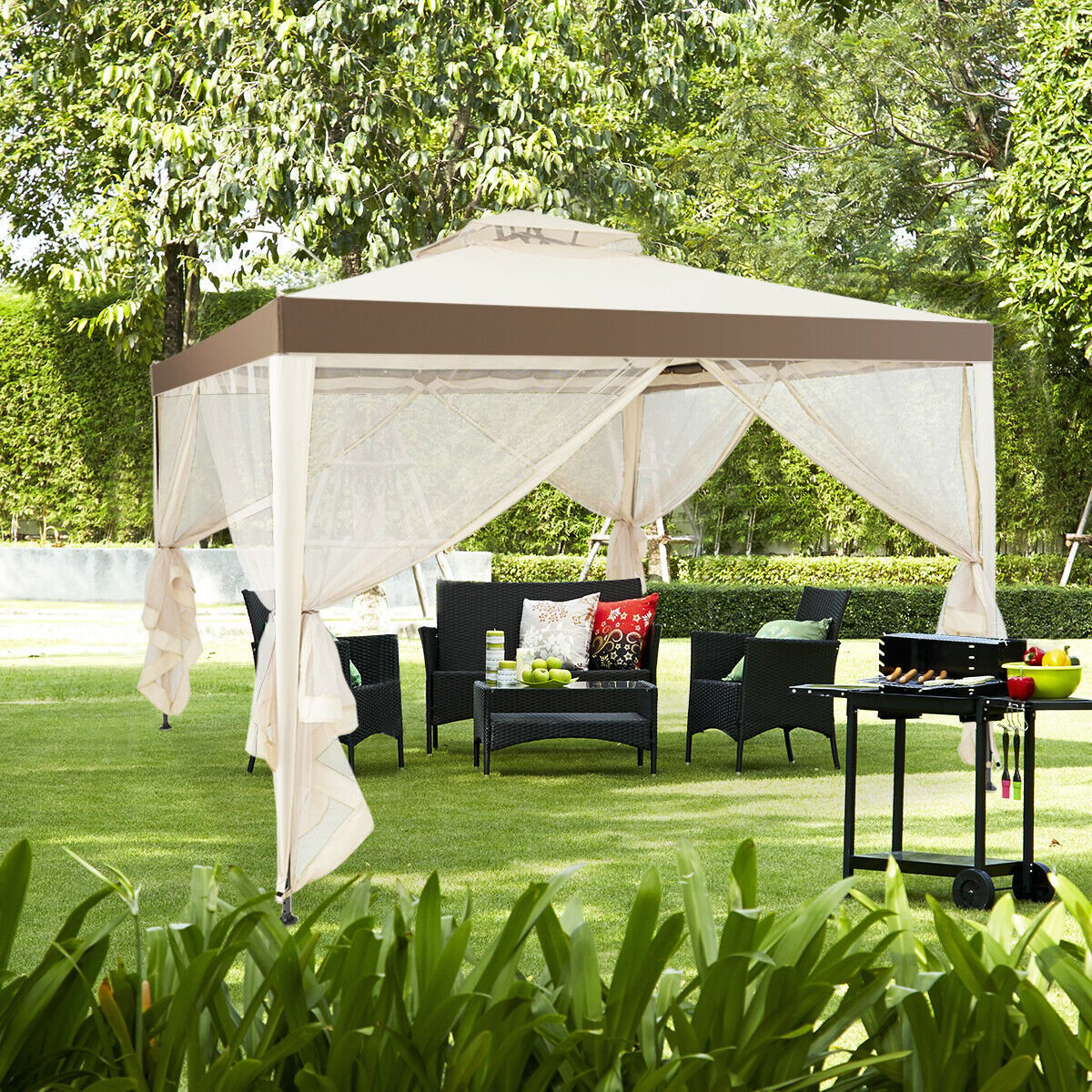 Canopy Gazebo Tent Shelter Garden Lawn Patio with Mosquito Netting, Beige Gazebos   at Gallery Canada