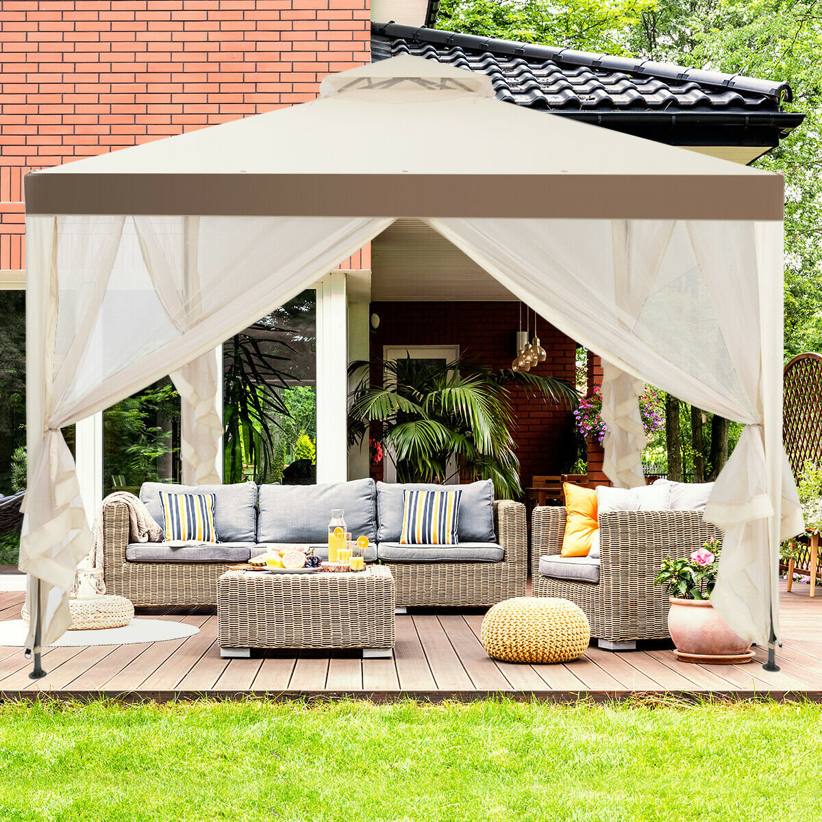 Canopy Gazebo Tent Shelter Garden Lawn Patio with Mosquito Netting, Beige - Gallery Canada