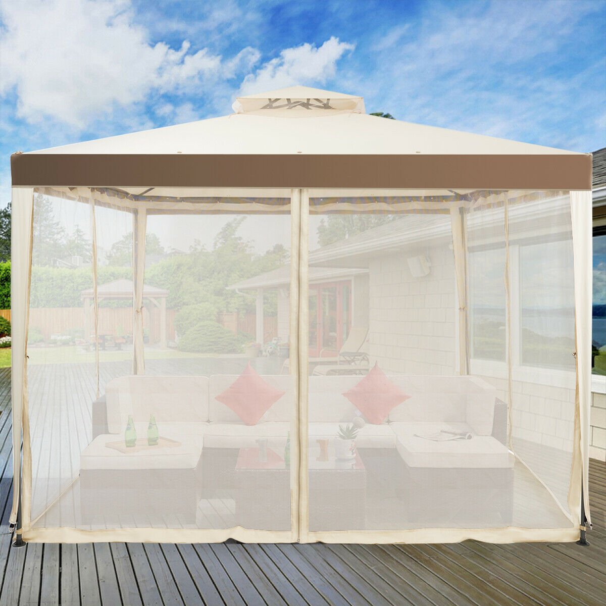 Canopy Gazebo Tent Shelter Garden Lawn Patio with Mosquito Netting, Beige Gazebos   at Gallery Canada