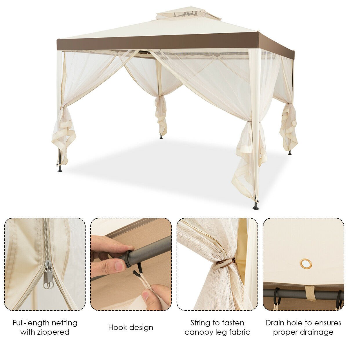 Canopy Gazebo Tent Shelter Garden Lawn Patio with Mosquito Netting, Beige Gazebos   at Gallery Canada