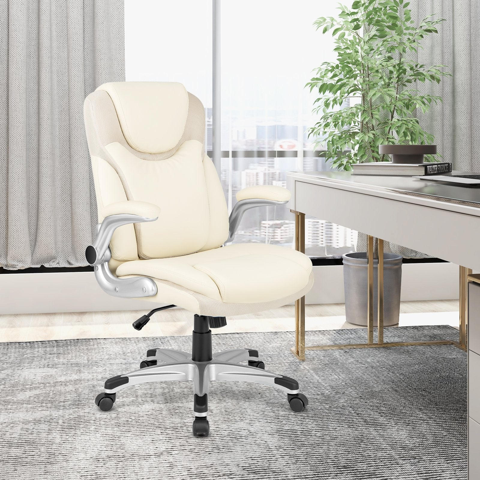 Ergonomic Office PU Leather Executive Chair with Flip-up Armrests and Rocking Function, White Executive Chairs   at Gallery Canada