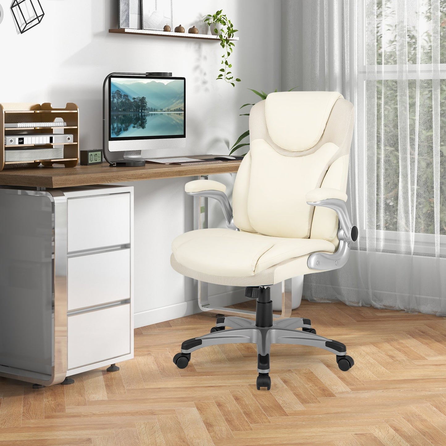 Ergonomic Office PU Leather Executive Chair with Flip-up Armrests and Rocking Function, White Executive Chairs   at Gallery Canada