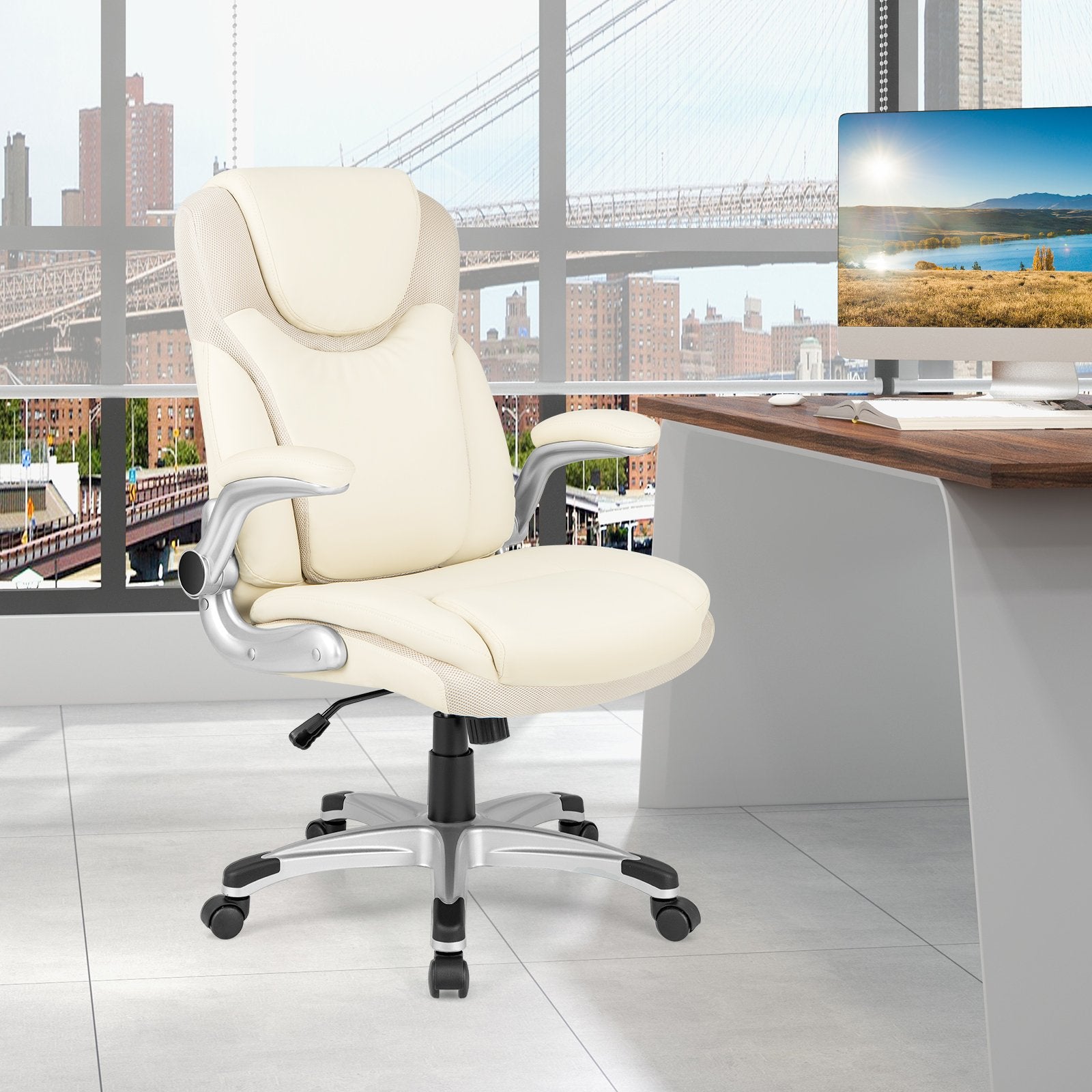 Ergonomic Office PU Leather Executive Chair with Flip-up Armrests and Rocking Function, White Executive Chairs   at Gallery Canada