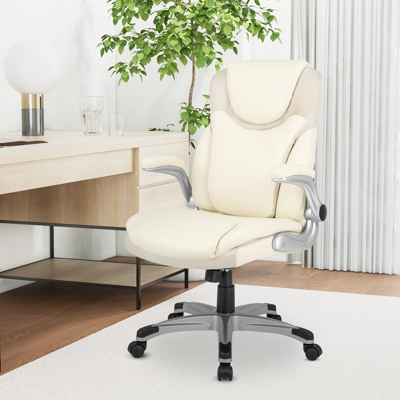 Ergonomic Office PU Leather Executive Chair with Flip-up Armrests and Rocking Function, White Executive Chairs   at Gallery Canada