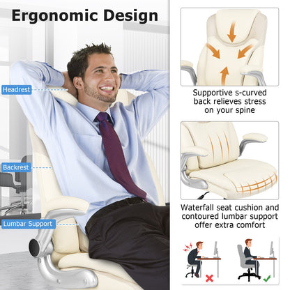 Ergonomic Office PU Leather Executive Chair with Flip-up Armrests and Rocking Function, White Executive Chairs   at Gallery Canada