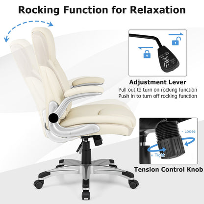 Ergonomic Office PU Leather Executive Chair with Flip-up Armrests and Rocking Function, White Executive Chairs   at Gallery Canada