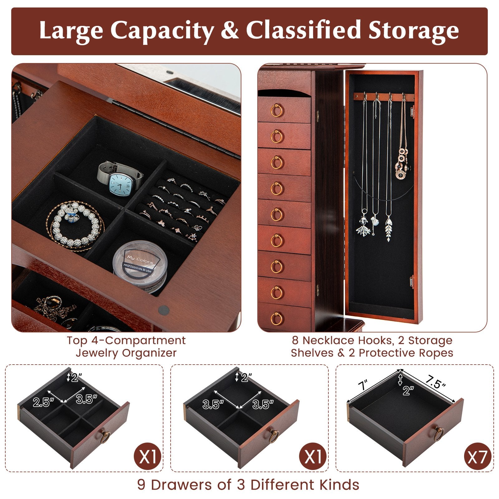 Large Capacity Jewelry Storage Cabinet with 9 Drawers, Brown Jewelry Armoires   at Gallery Canada