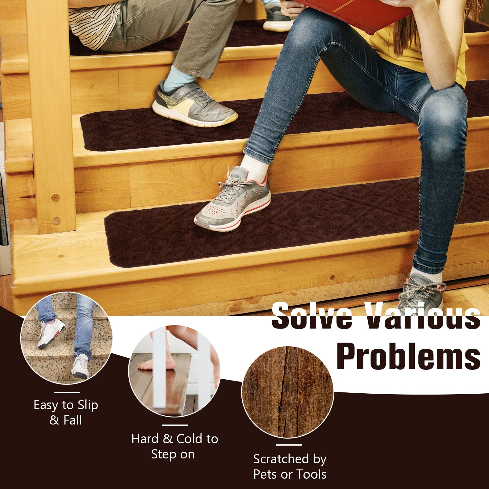 15Pcs Indoor Non-Slip Stair Carpet Mats for Wooden Steps, Brown Rugs at Gallery Canada