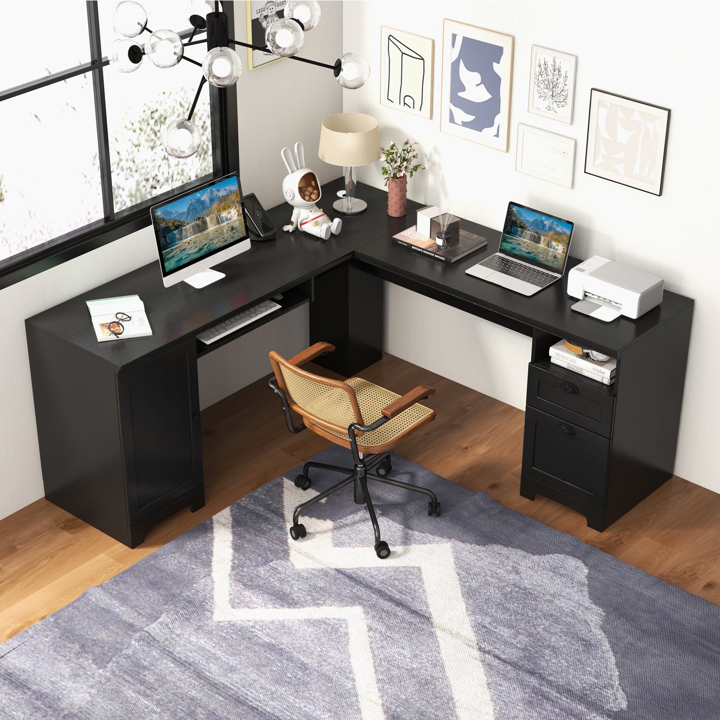 66 Inch L-Shaped Writing Study Workstation Computer Desk with Drawers, Black L-Shaped Desks   at Gallery Canada