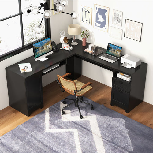 66 Inch L-Shaped Writing Study Workstation Computer Desk with Drawers, Black