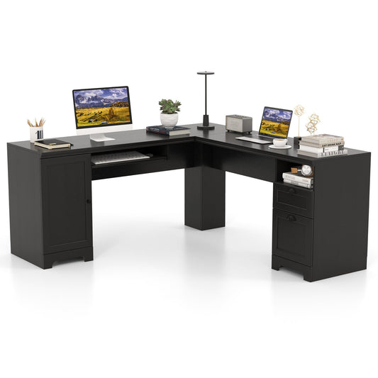 66 Inch L-Shaped Writing Study Workstation Computer Desk with Drawers, Black L-Shaped Desks   at Gallery Canada