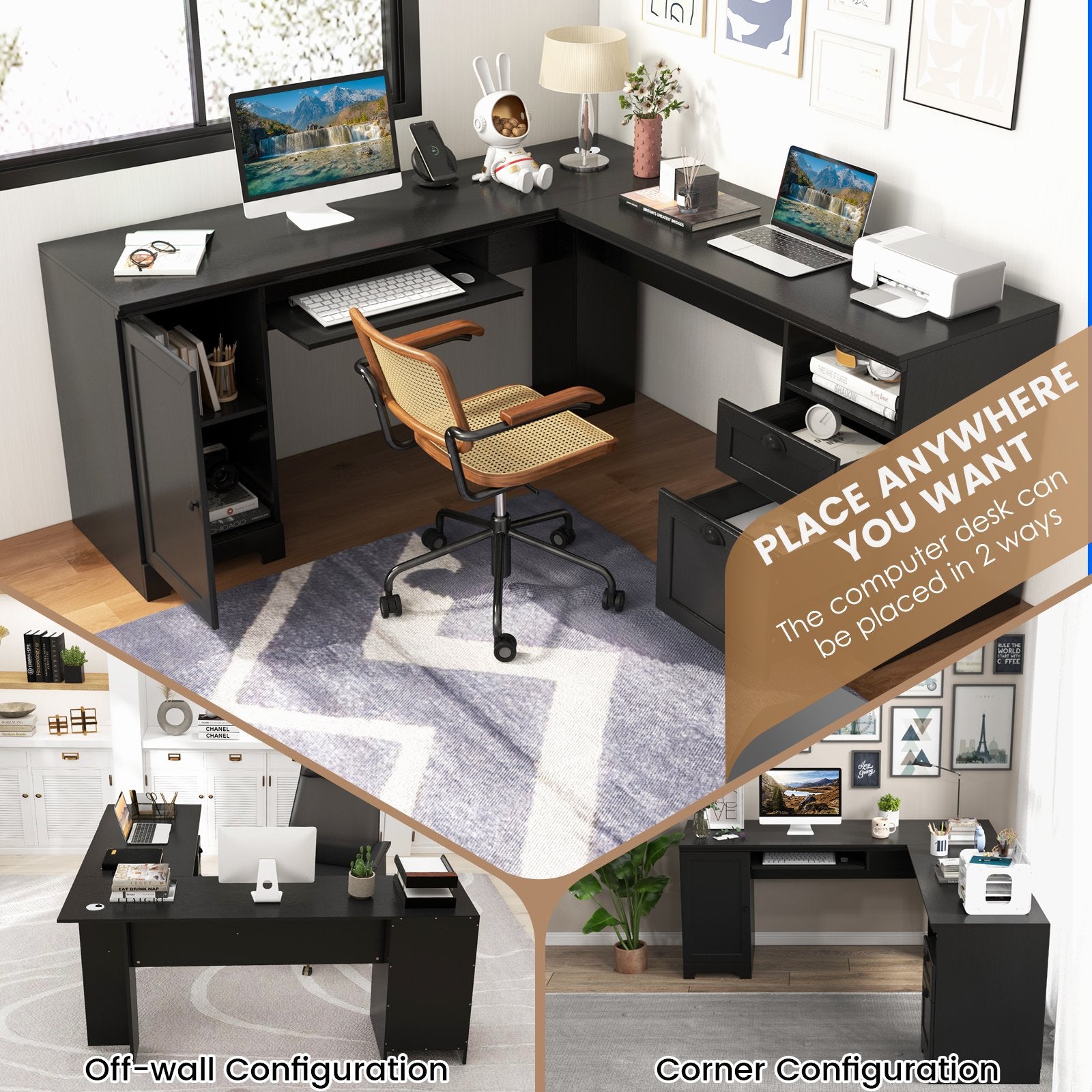 66 Inch L-Shaped Writing Study Workstation Computer Desk with Drawers, Black L-Shaped Desks   at Gallery Canada