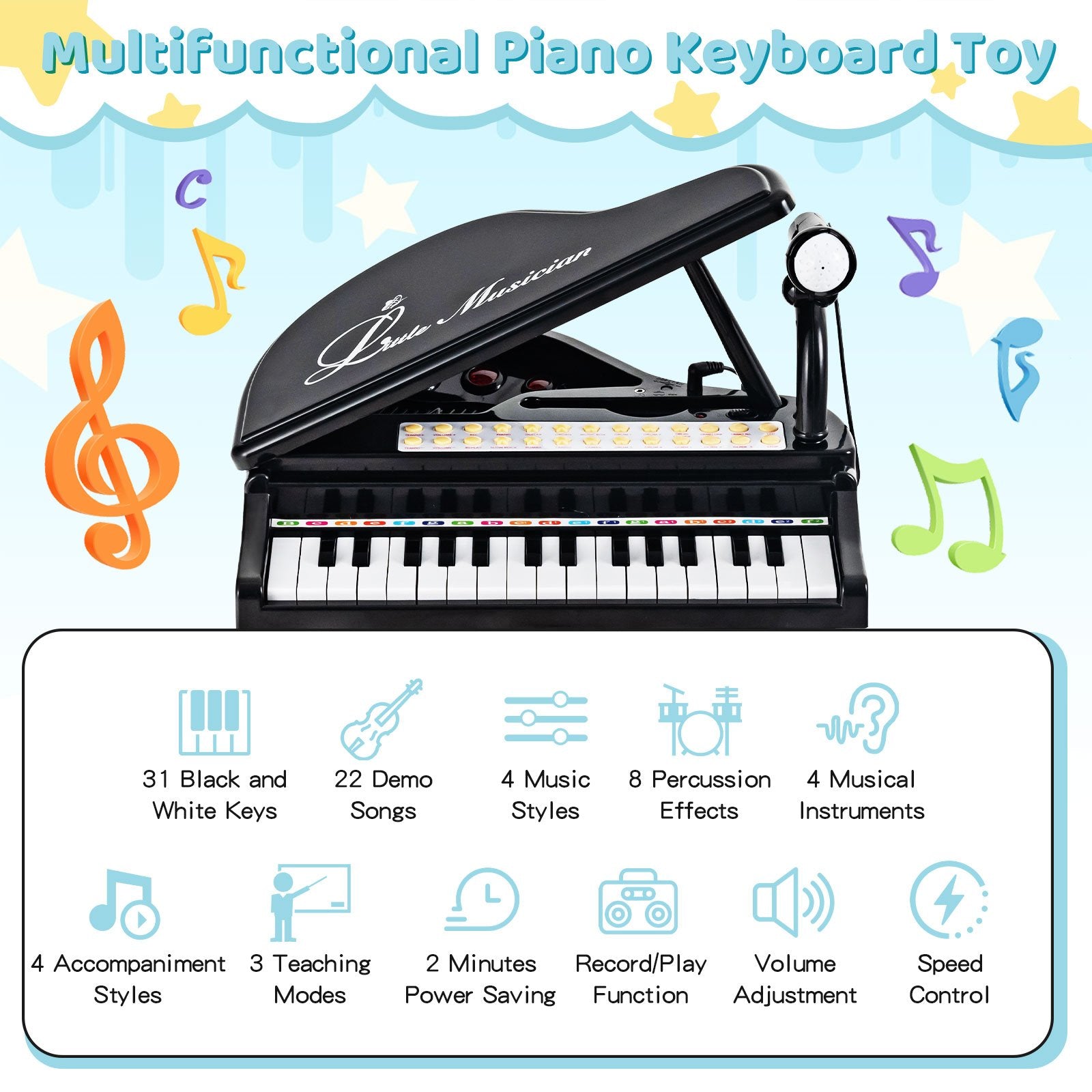 31 Keys Kids Piano Keyboard with Stool and Piano Lid, Black Pianos & Keyboards   at Gallery Canada