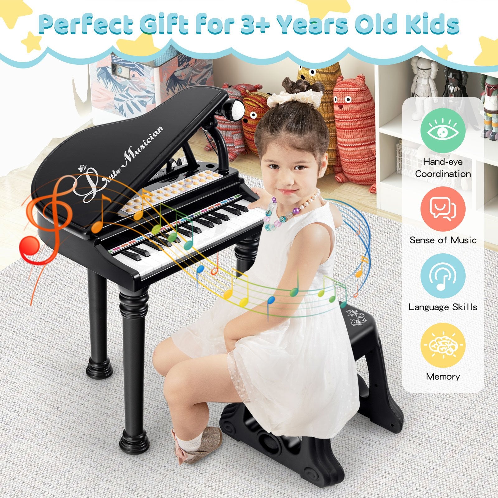 31 Keys Kids Piano Keyboard with Stool and Piano Lid, Black Pianos & Keyboards   at Gallery Canada