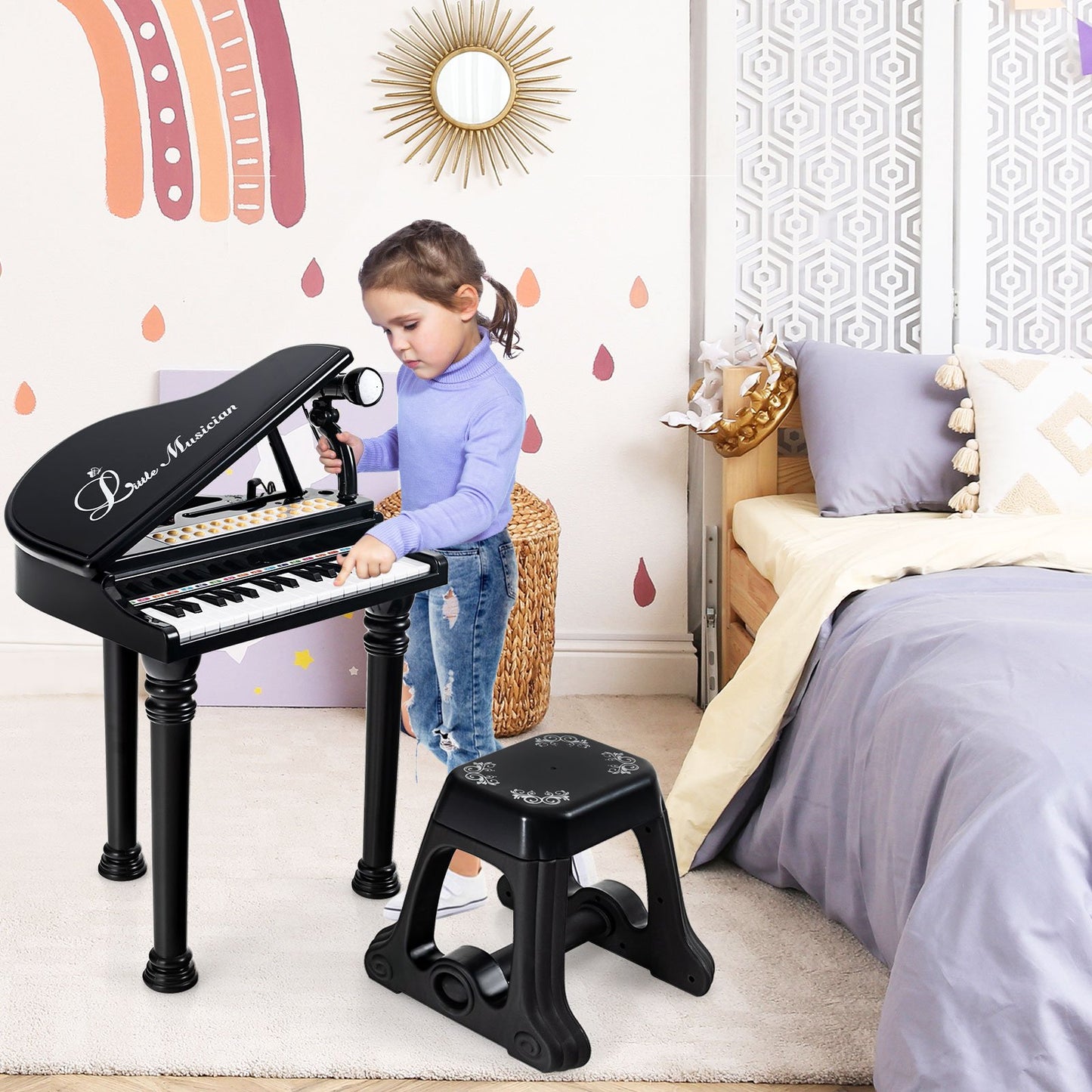 31 Keys Kids Piano Keyboard with Stool and Piano Lid, Black Pianos & Keyboards   at Gallery Canada