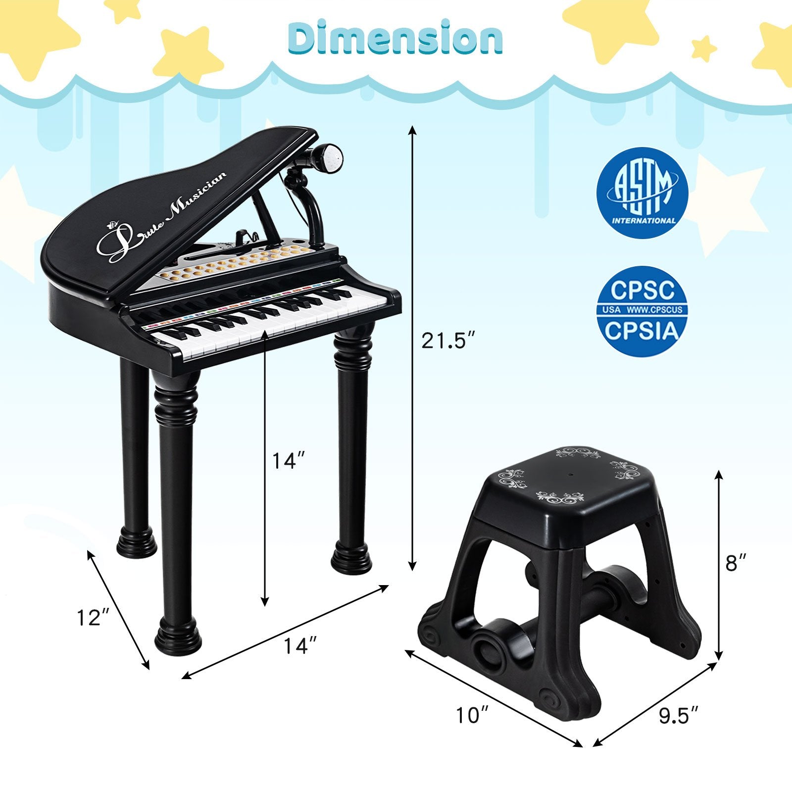 31 Keys Kids Piano Keyboard with Stool and Piano Lid, Black Pianos & Keyboards   at Gallery Canada