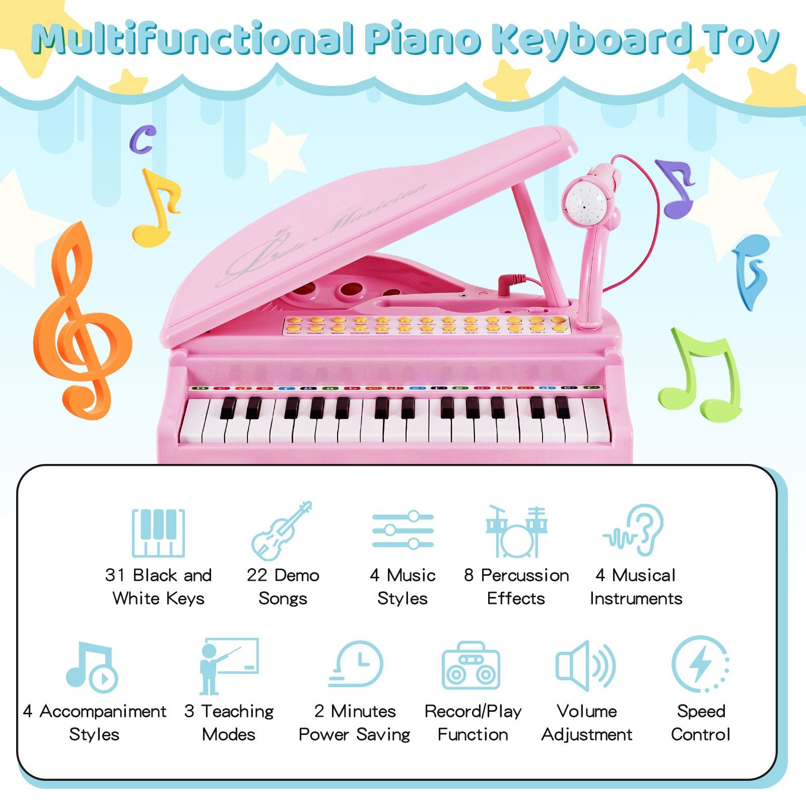 31 Keys Kids Piano Keyboard with Stool and Piano Lid, Pink Pianos & Keyboards   at Gallery Canada