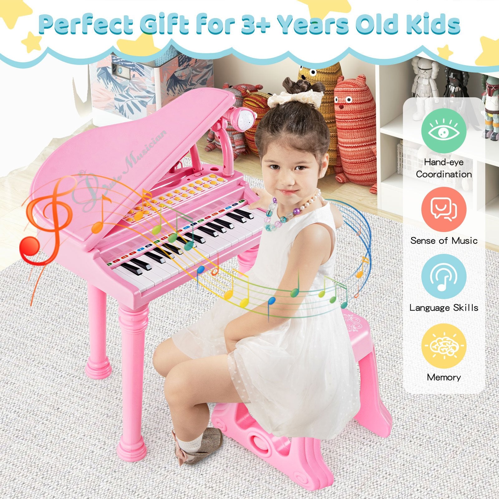 31 Keys Kids Piano Keyboard with Stool and Piano Lid, Pink Pianos & Keyboards   at Gallery Canada