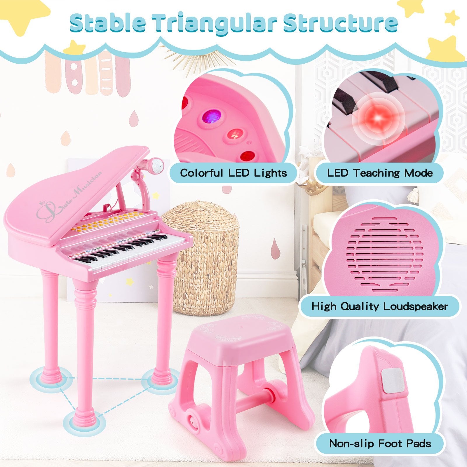 31 Keys Kids Piano Keyboard with Stool and Piano Lid, Pink Pianos & Keyboards   at Gallery Canada