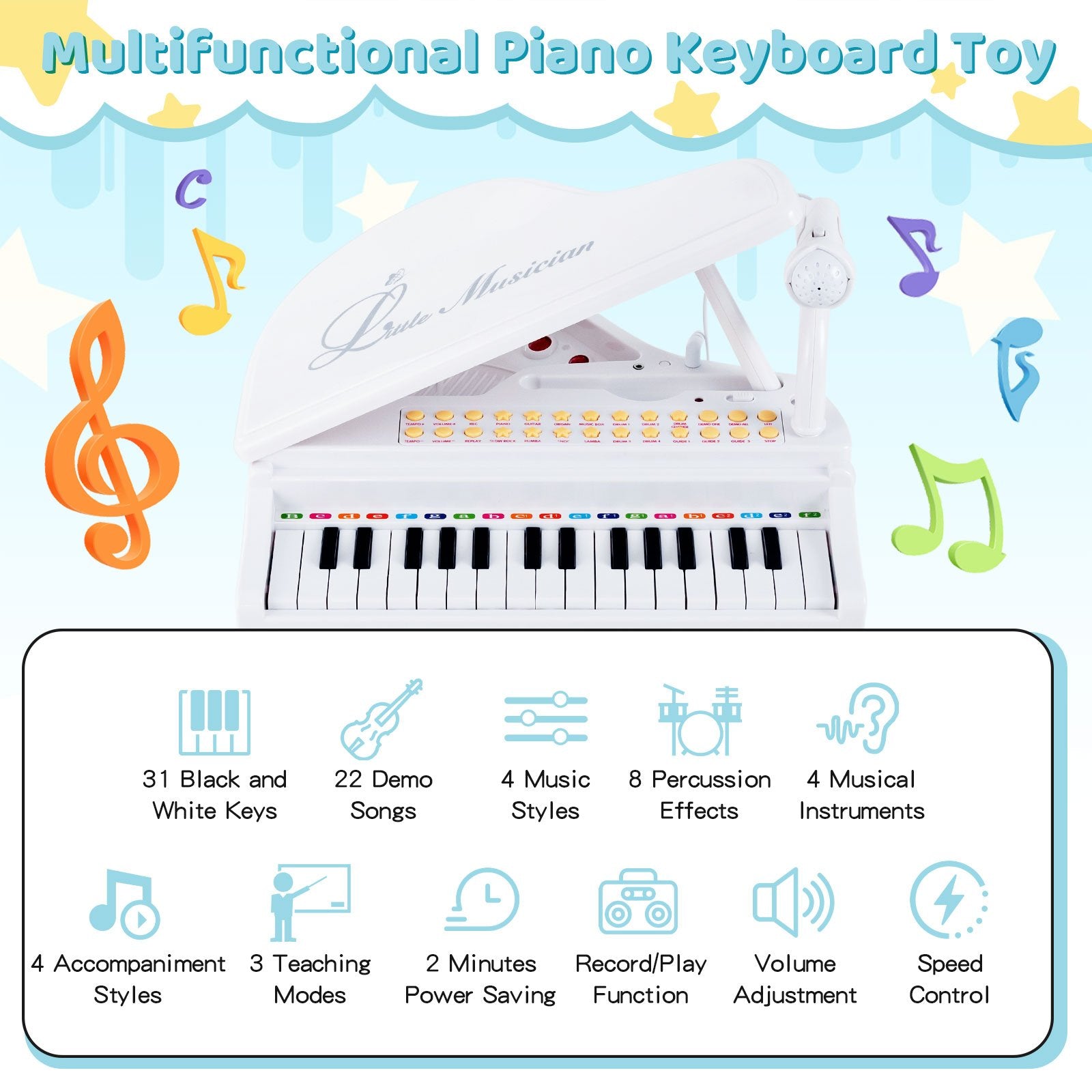 31 Keys Kids Piano Keyboard with Stool and Piano Lid, White Pianos & Keyboards   at Gallery Canada