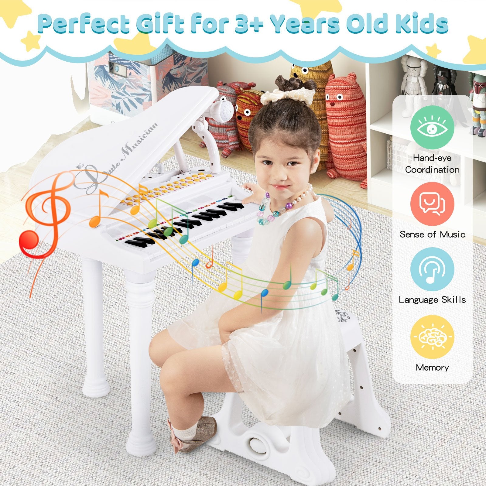 31 Keys Kids Piano Keyboard with Stool and Piano Lid, White Pianos & Keyboards   at Gallery Canada