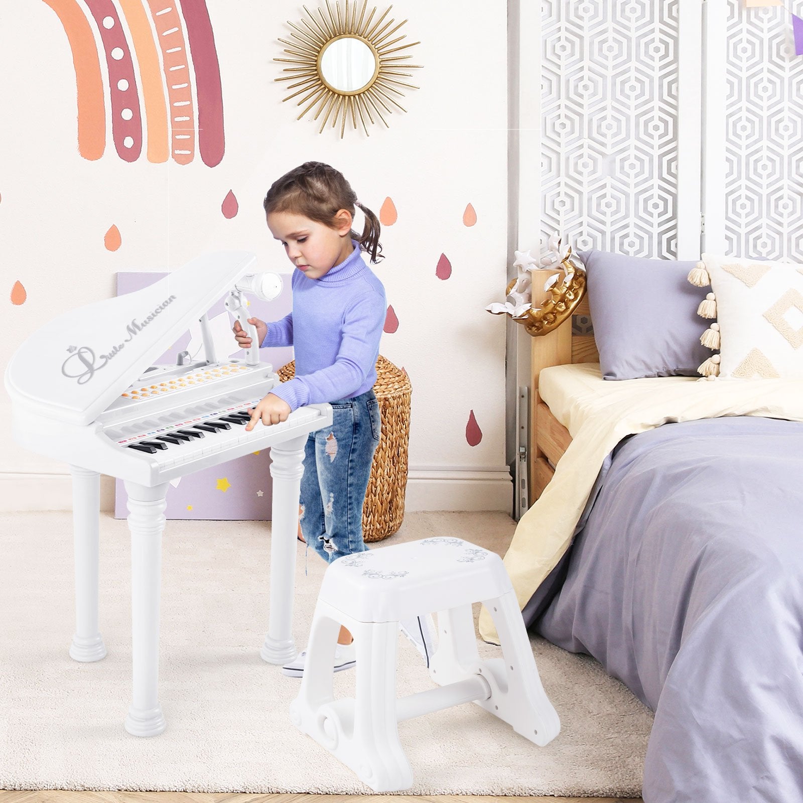 31 Keys Kids Piano Keyboard with Stool and Piano Lid, White Pianos & Keyboards   at Gallery Canada