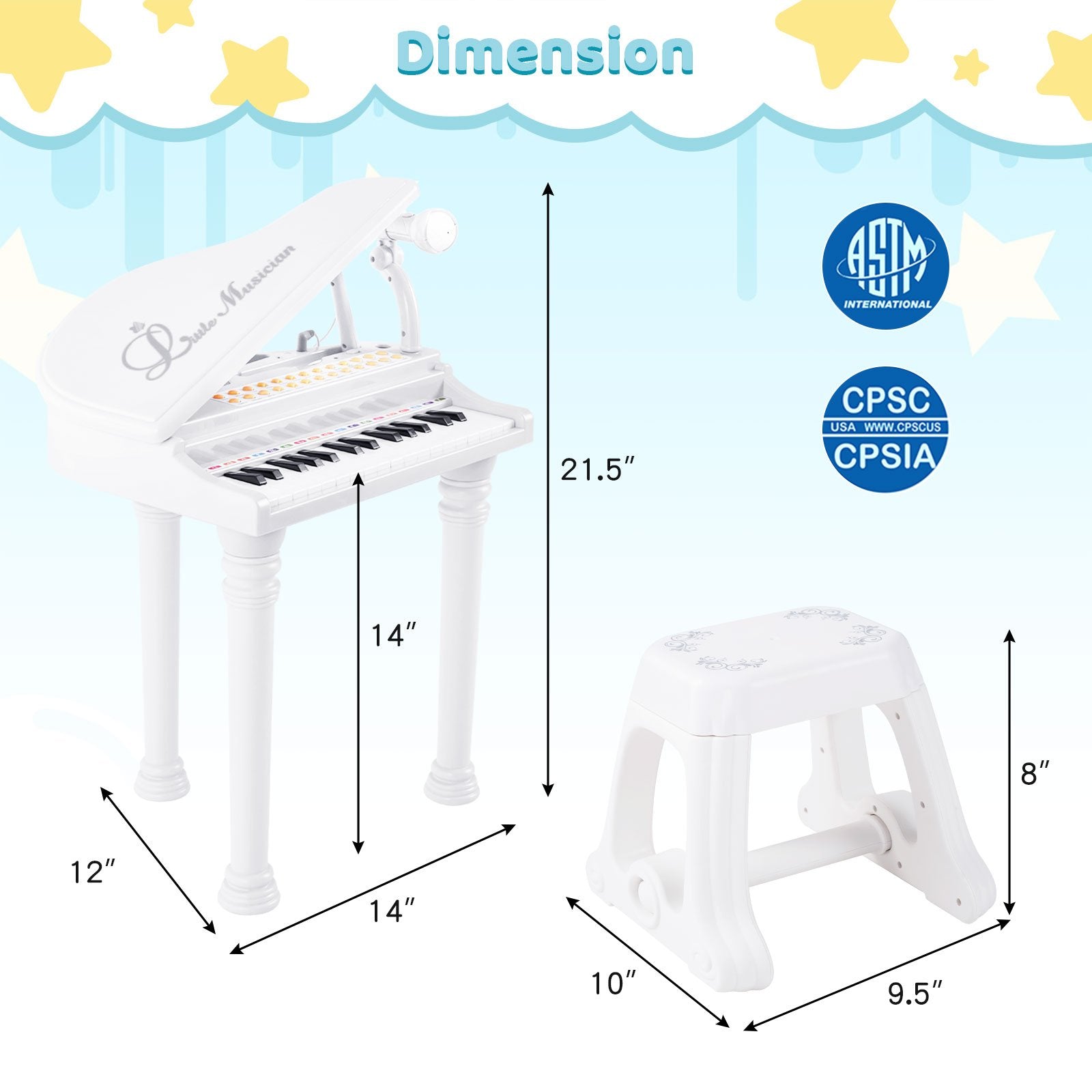 31 Keys Kids Piano Keyboard with Stool and Piano Lid, White Pianos & Keyboards   at Gallery Canada