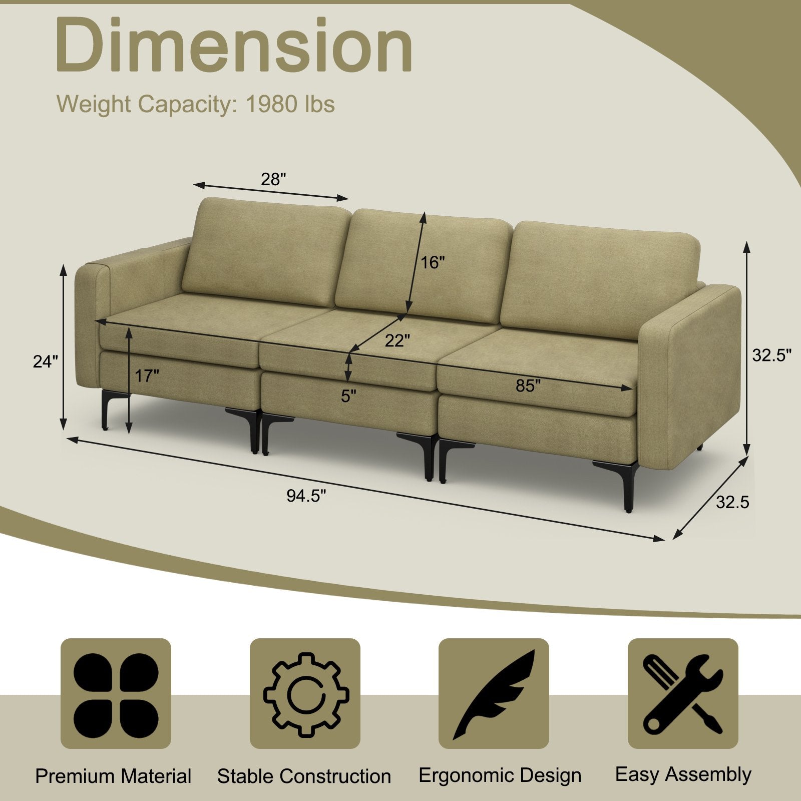 Convertible Leather Sofa Couch with Magazine Pockets 3-Seat with 2 USB Port, Green Sofas & Loveseats   at Gallery Canada