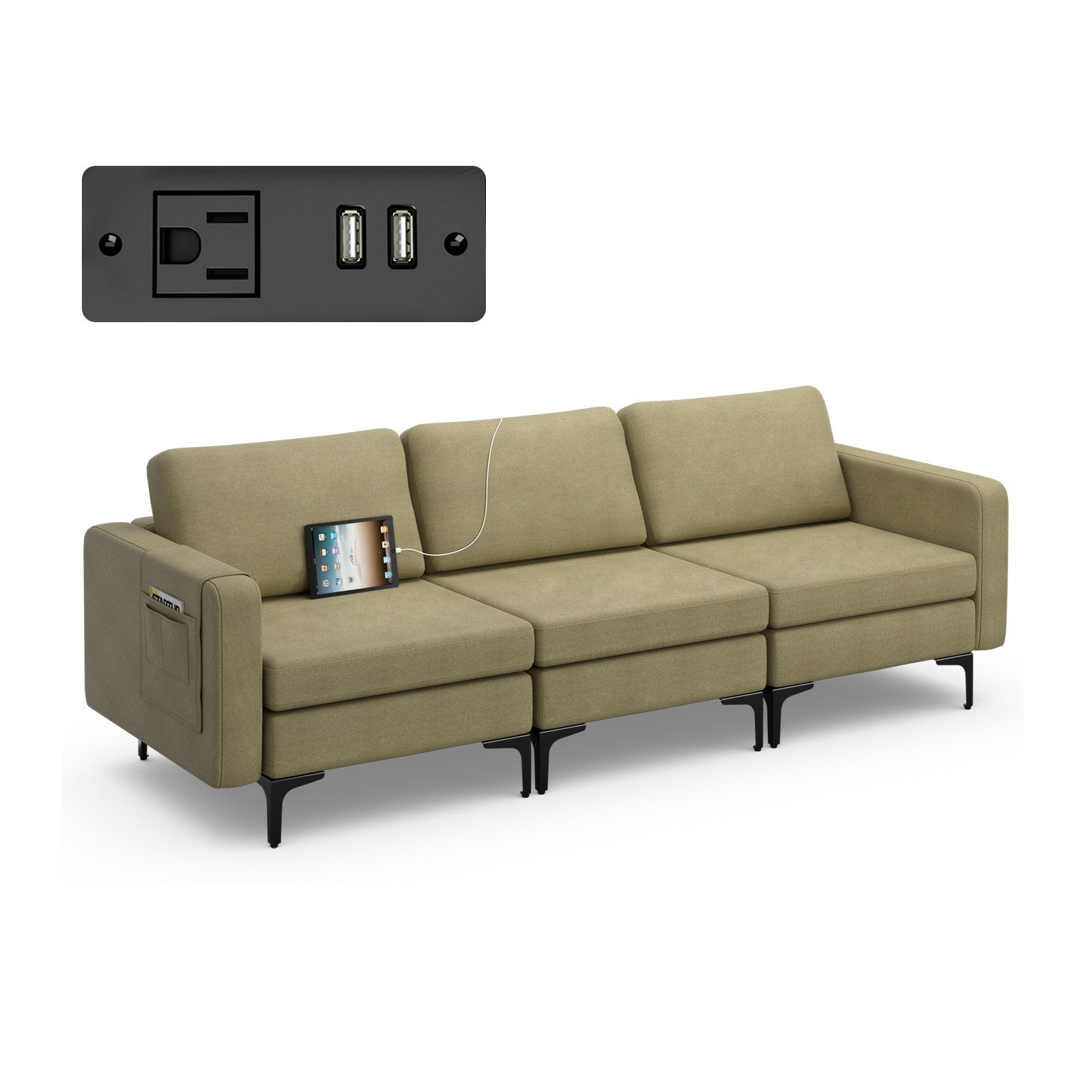 Convertible Leather Sofa Couch with Magazine Pockets 3-Seat with 2 USB Port, Green Sofas & Loveseats   at Gallery Canada