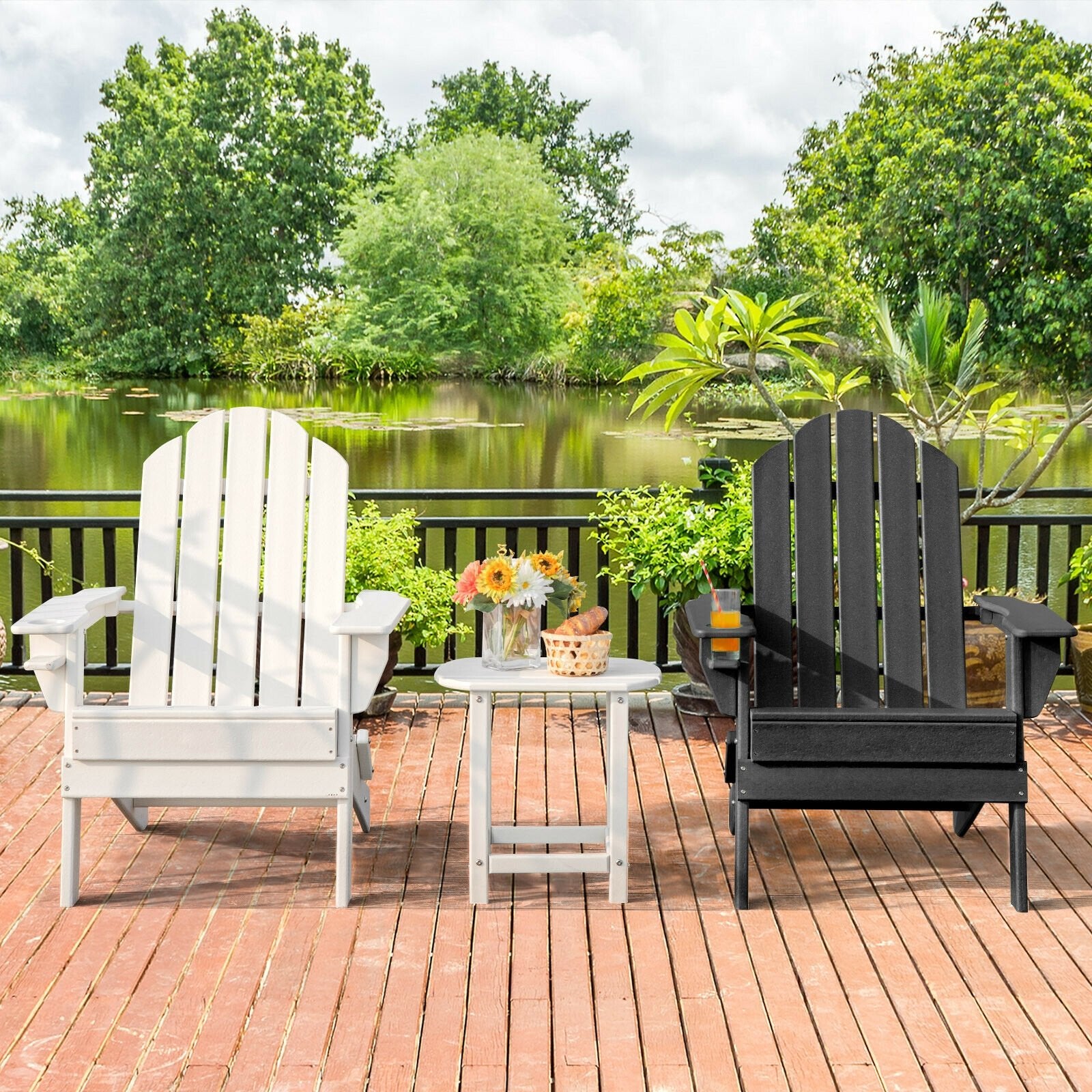 Foldable Weather Resistant Patio Chair with Built-in Cup Holder, Black Adirondack Chairs   at Gallery Canada