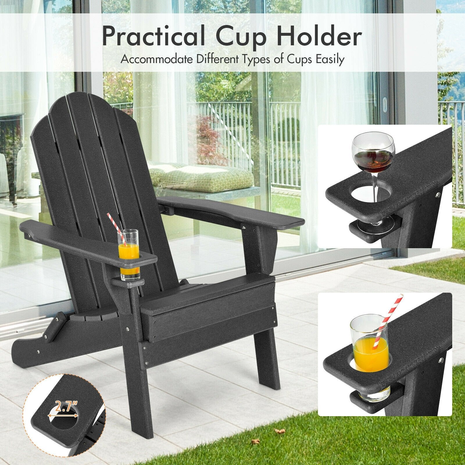 Foldable Weather Resistant Patio Chair with Built-in Cup Holder, Black Adirondack Chairs   at Gallery Canada