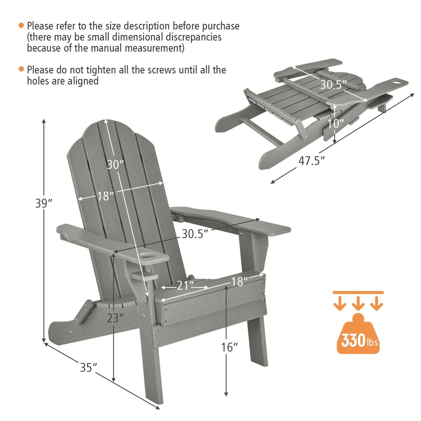 Foldable Weather Resistant Patio Chair with Built-in Cup Holder, Gray Adirondack Chairs   at Gallery Canada