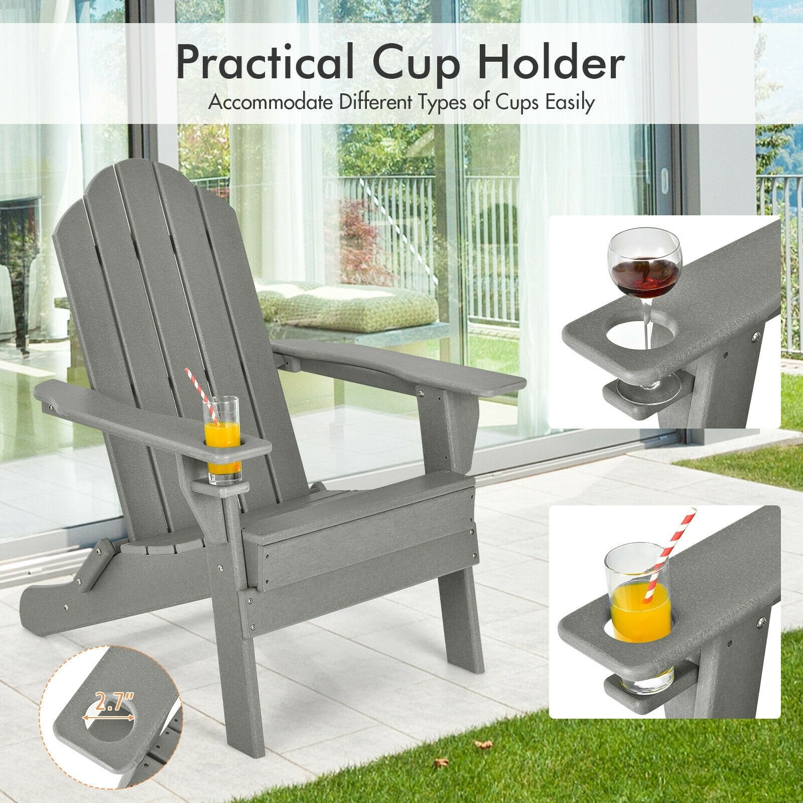 Foldable Weather Resistant Patio Chair with Built-in Cup Holder, Gray Adirondack Chairs   at Gallery Canada