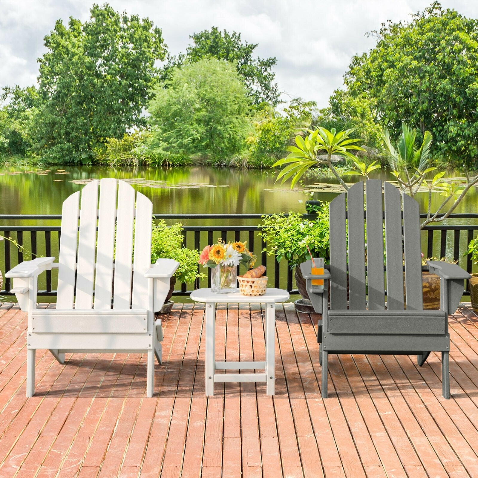 Foldable Weather Resistant Patio Chair with Built-in Cup Holder, Gray Adirondack Chairs   at Gallery Canada