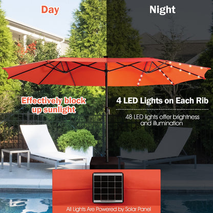 15 Feet Twin Patio Umbrella with 48 Solar LED Lights, Orange - Gallery Canada