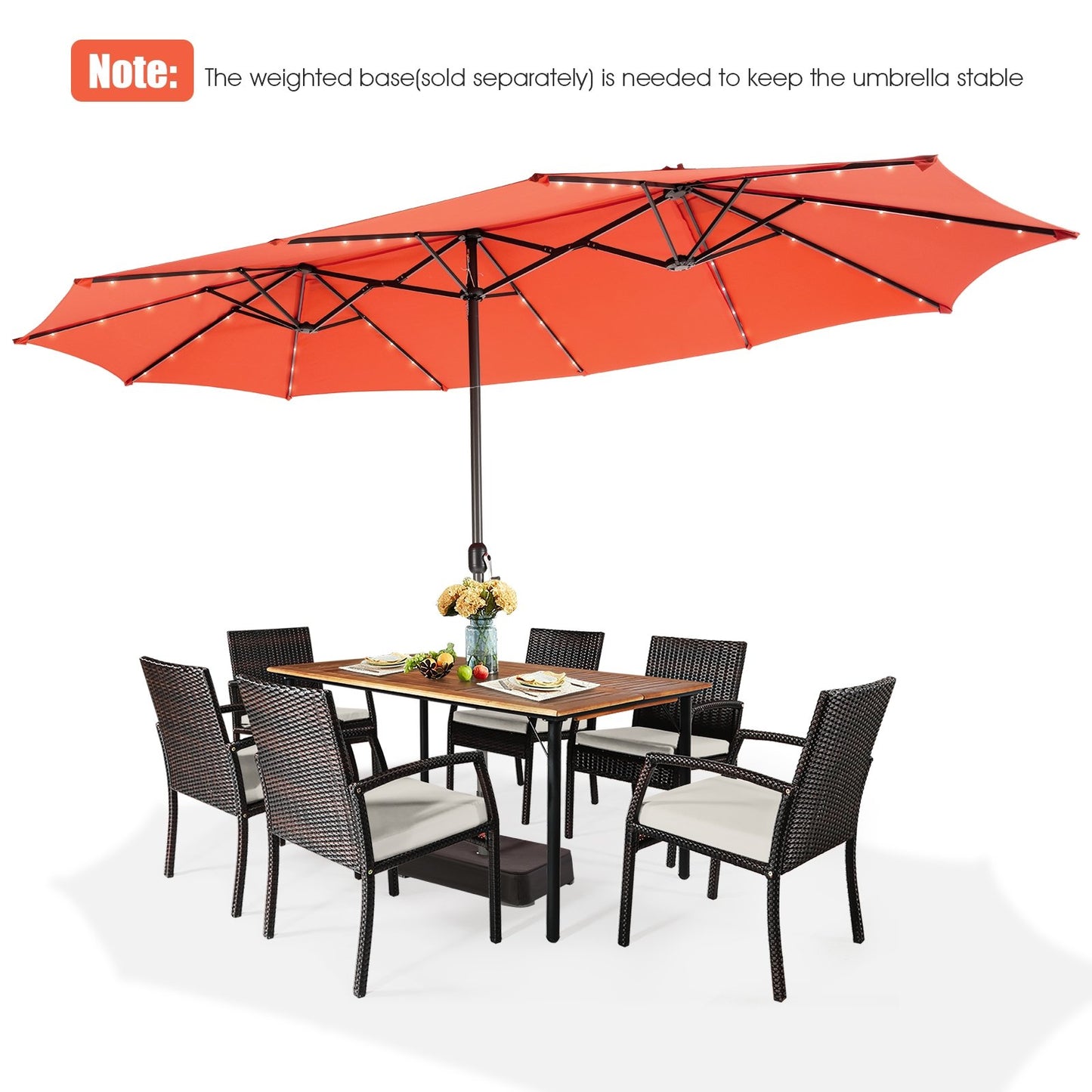 15 Feet Twin Patio Umbrella with 48 Solar LED Lights, Orange - Gallery Canada
