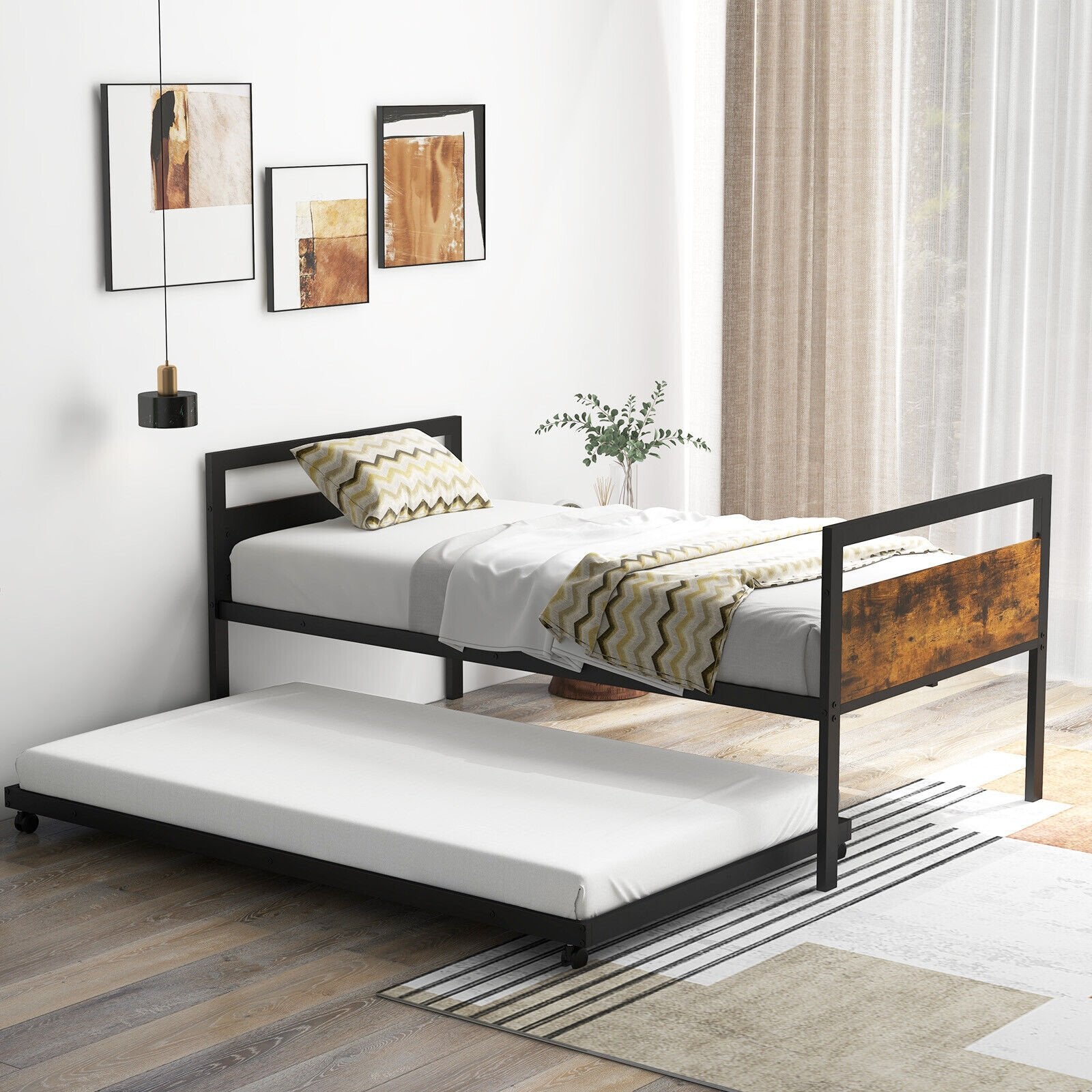 Twin Metal Daybed with Trundle Lockable Wheels-Twin Size, Rustic Brown Trundle Bed Frame   at Gallery Canada