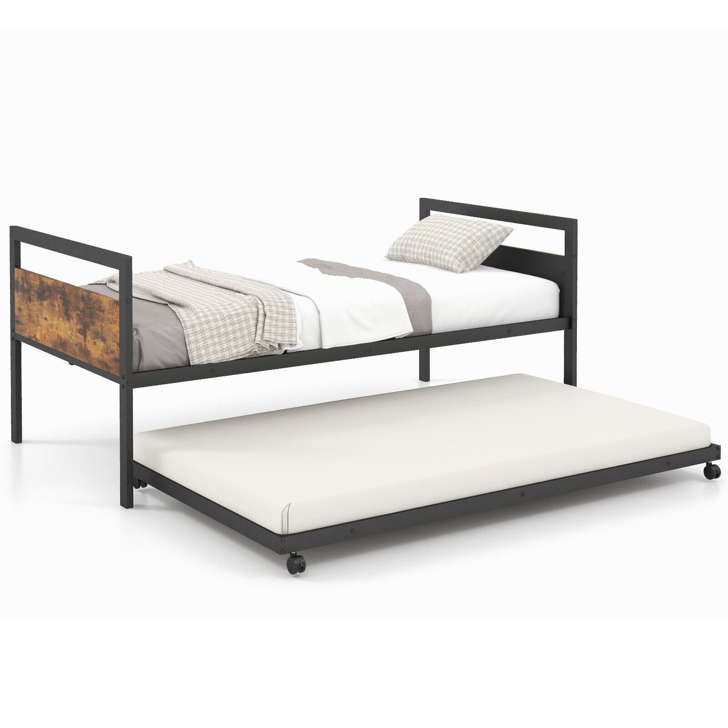 Twin Metal Daybed with Trundle Lockable Wheels-Twin Size, Rustic Brown Trundle Bed Frame   at Gallery Canada