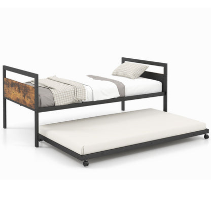 Twin Metal Daybed with Trundle Lockable Wheels-Twin Size, Rustic Brown Trundle Bed Frame   at Gallery Canada