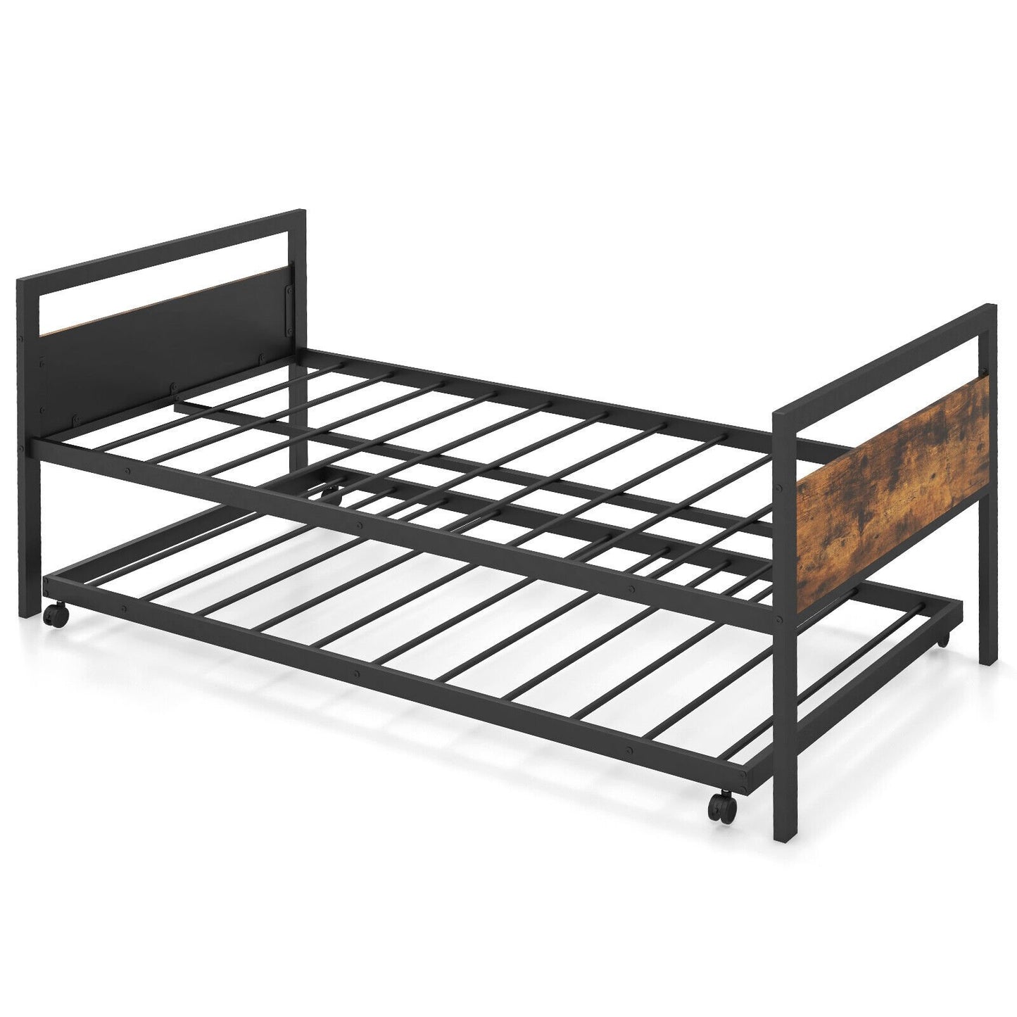 Twin Metal Daybed with Trundle Lockable Wheels-Twin Size, Rustic Brown Trundle Bed Frame   at Gallery Canada