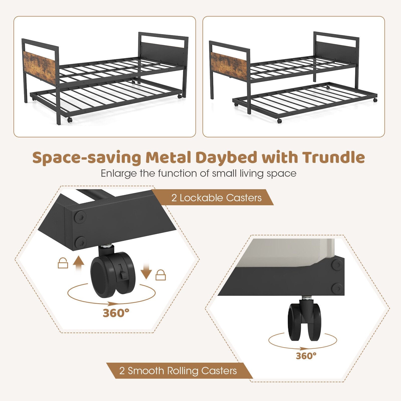 Twin Metal Daybed with Trundle Lockable Wheels-Twin Size, Rustic Brown Trundle Bed Frame   at Gallery Canada