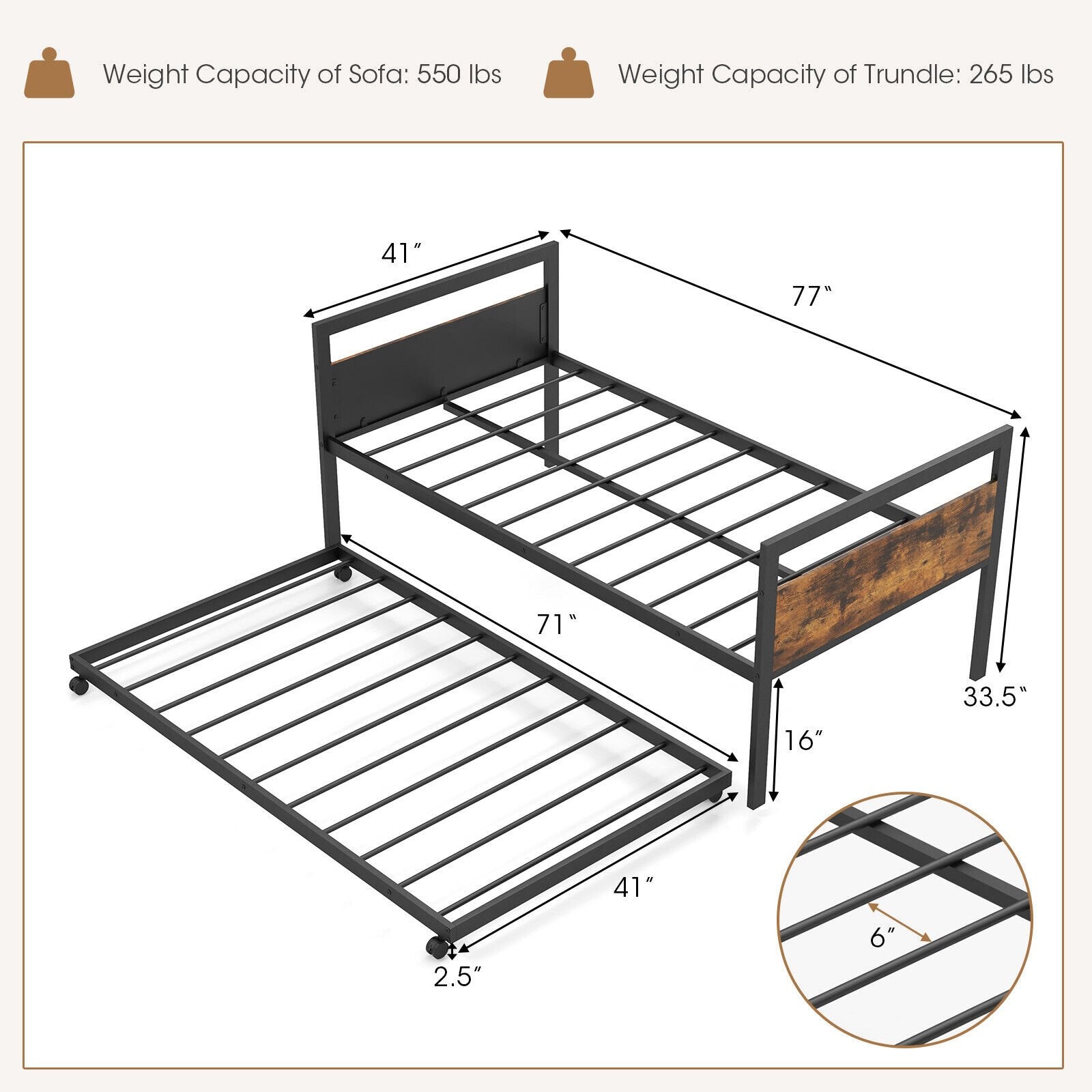 Twin Metal Daybed with Trundle Lockable Wheels-Twin Size, Rustic Brown Trundle Bed Frame   at Gallery Canada