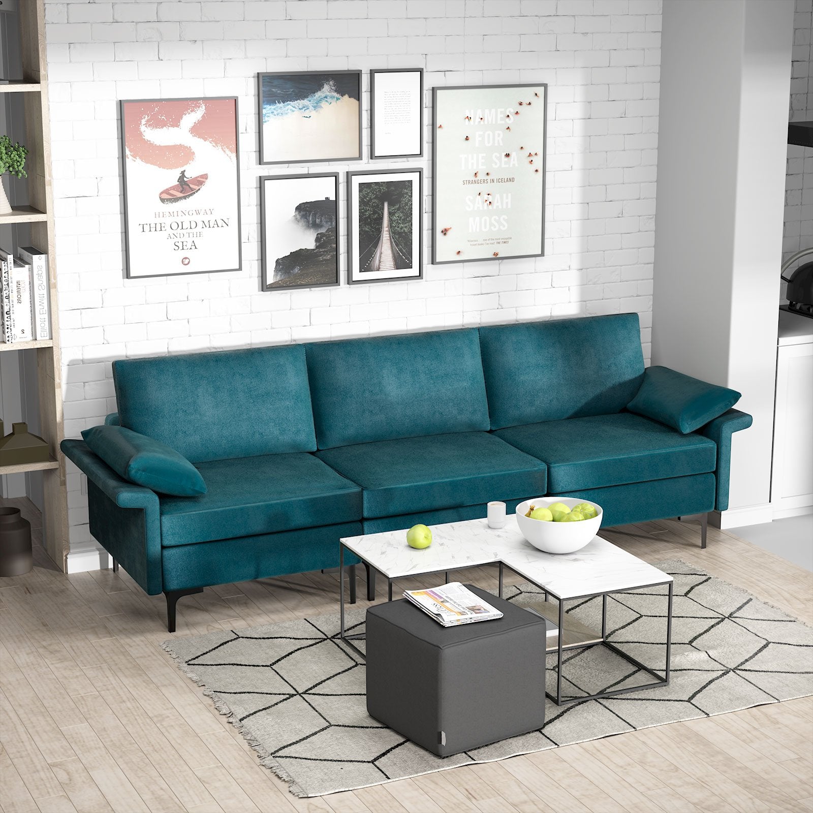 Large 3-Seat Sofa Sectional with Metal Legs and 2 USB Ports for 3-4 people, Turquoise Sofas & Loveseats   at Gallery Canada