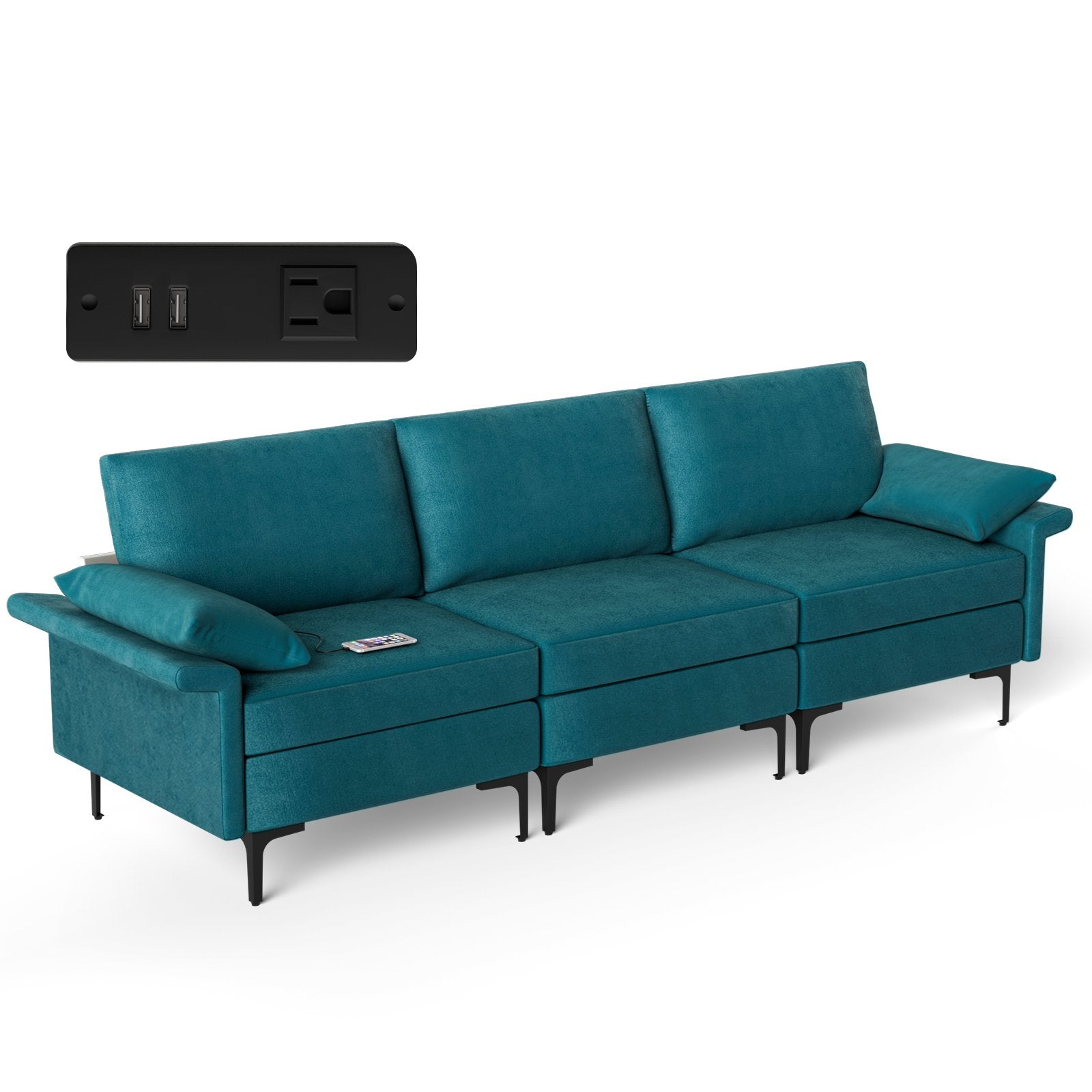 Large 3-Seat Sofa Sectional with Metal Legs and 2 USB Ports for 3-4 people, Turquoise Sofas & Loveseats   at Gallery Canada