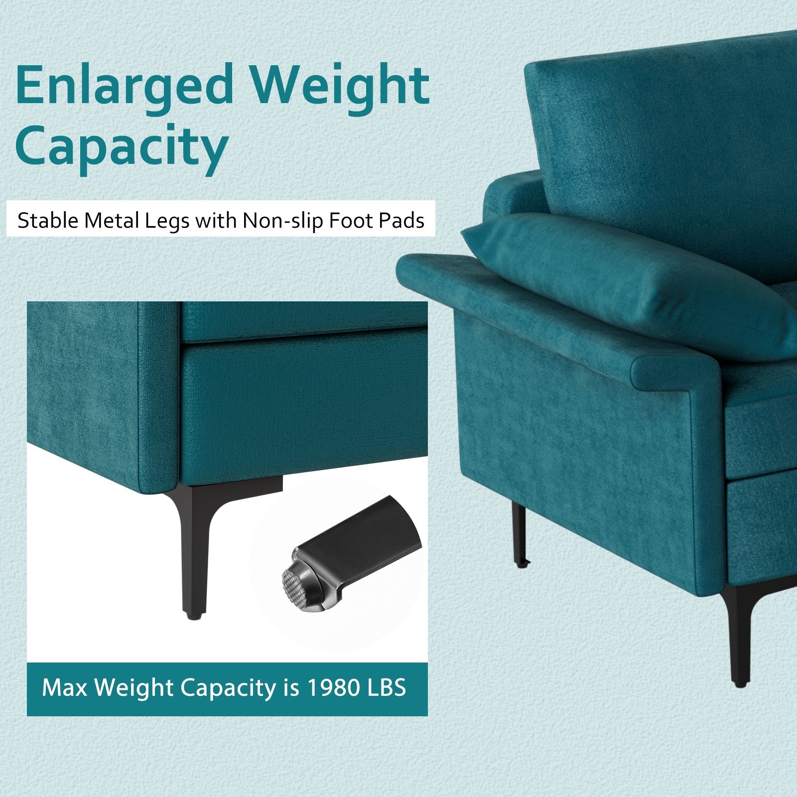 Large 3-Seat Sofa Sectional with Metal Legs and 2 USB Ports for 3-4 people, Turquoise Sofas & Loveseats   at Gallery Canada