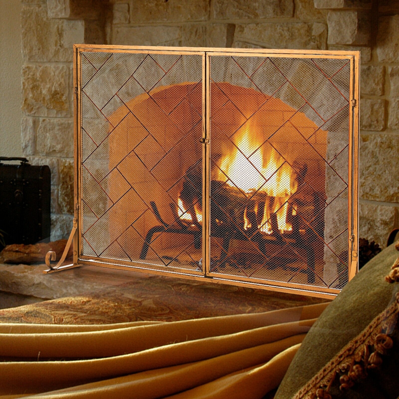 3-Panel Folding Wrought Iron Fireplace Screen with Doors and 4 Pieces Tools Set, Golden Fireplace Tools   at Gallery Canada