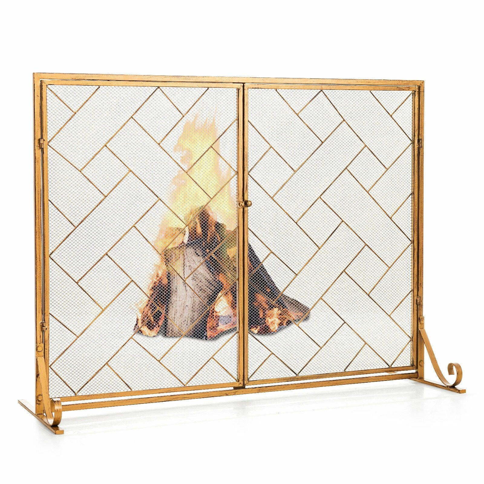 3-Panel Folding Wrought Iron Fireplace Screen with Doors and 4 Pieces Tools Set, Golden Fireplace Tools   at Gallery Canada