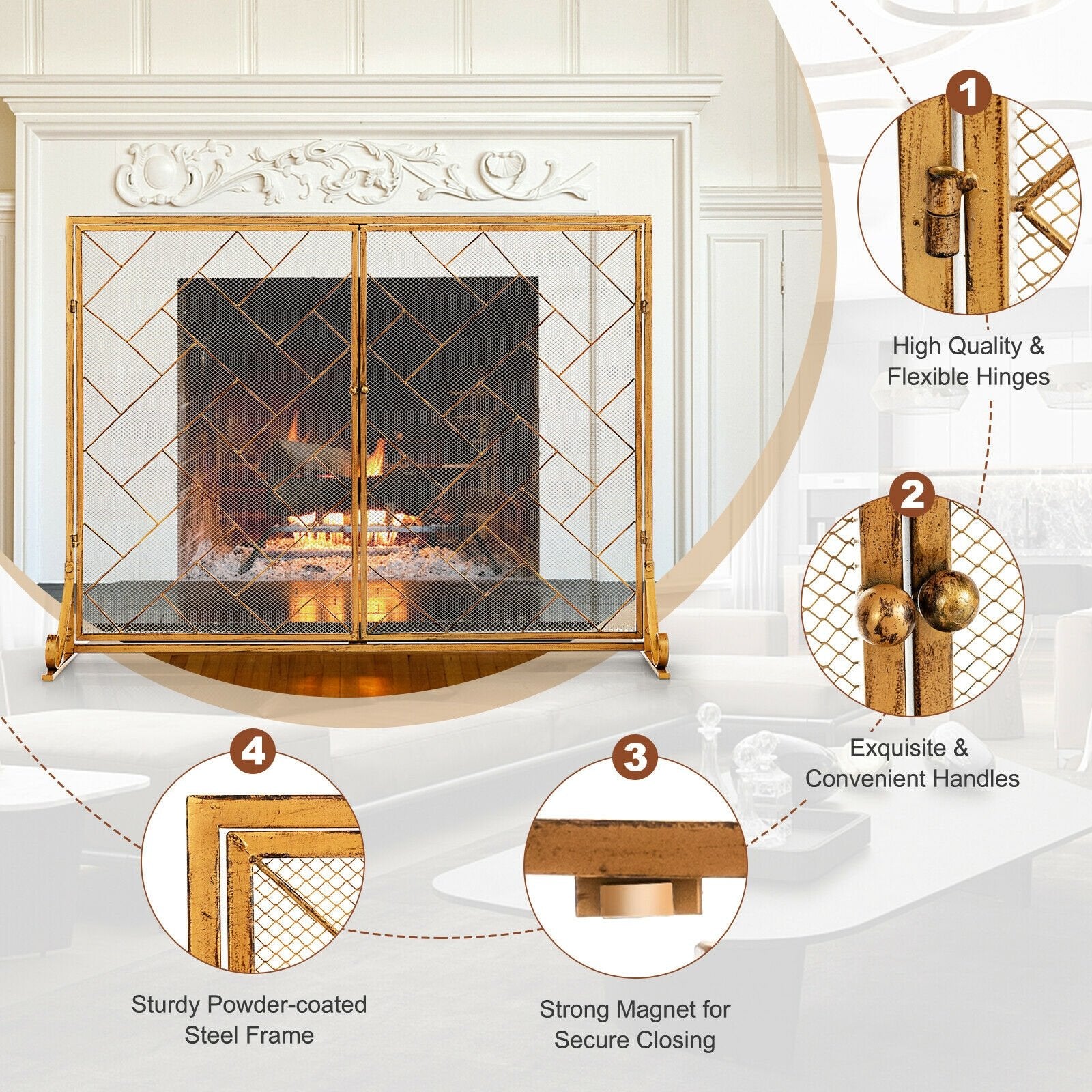 3-Panel Folding Wrought Iron Fireplace Screen with Doors and 4 Pieces Tools Set, Golden Fireplace Tools   at Gallery Canada